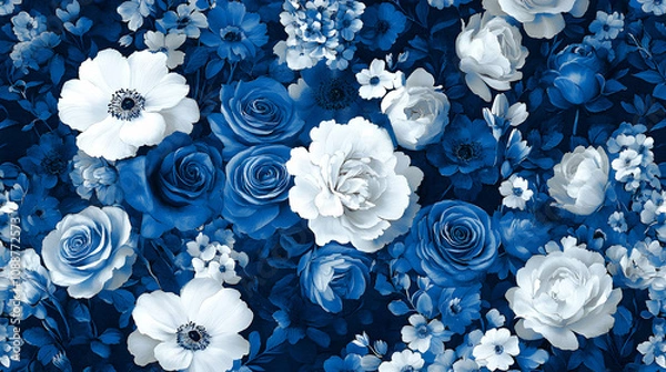 Fototapeta Blue and White Floral Seamless Pattern: Roses, Anemones, and other blossoms artfully arranged in a rich, textured design.