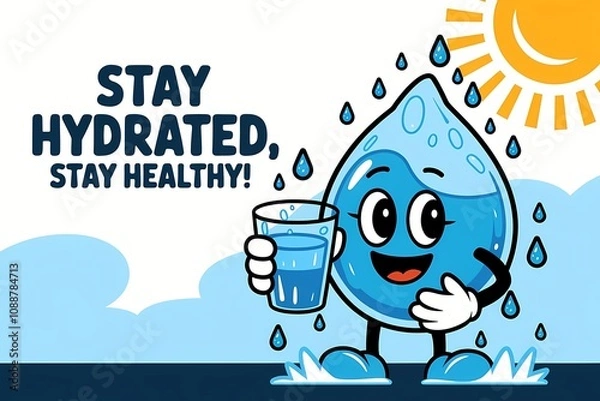Obraz Stay Hydrated, Stay Healthy: Cheerful Water Droplet Character with Glass of Water
