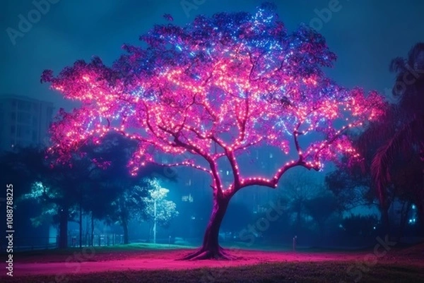 Fototapeta A tree adorned with glowing neon branches  merging nature with modern technology in photography
