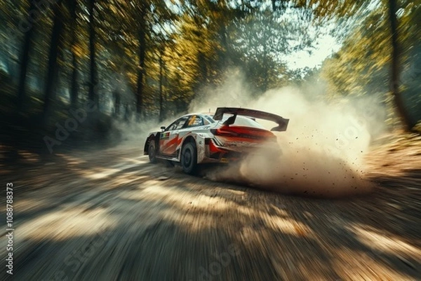 Fototapeta Dynamic rally car in action  wrc vehicle surrounded by dust in forest stage setting