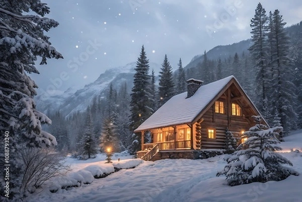 Obraz Abstract Beautiful scene featuring a solitary house with snowo, fog. Ai Generated