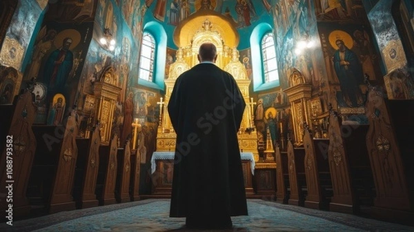 Fototapeta A man stands in a church with a gold cross on his chest