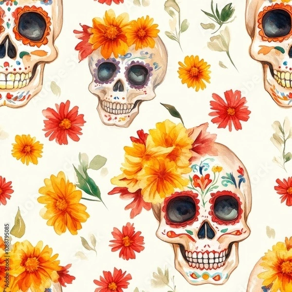 Fototapeta A decorative pattern featuring colorful skulls and flowers, inspired by Day of the Dead.