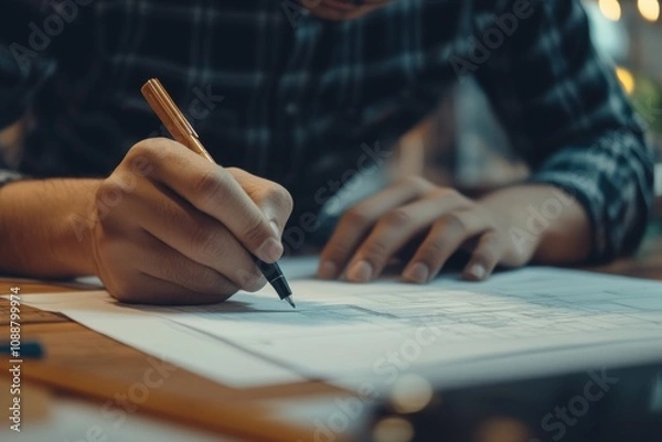 Fototapeta Engineers and designers collaborating on architectural blueprints and business agreements in office