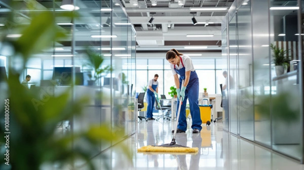 Fototapeta A team of cleaners is busy mopping the floor of a contemporary office during the day, showcasing cleanliness efforts
