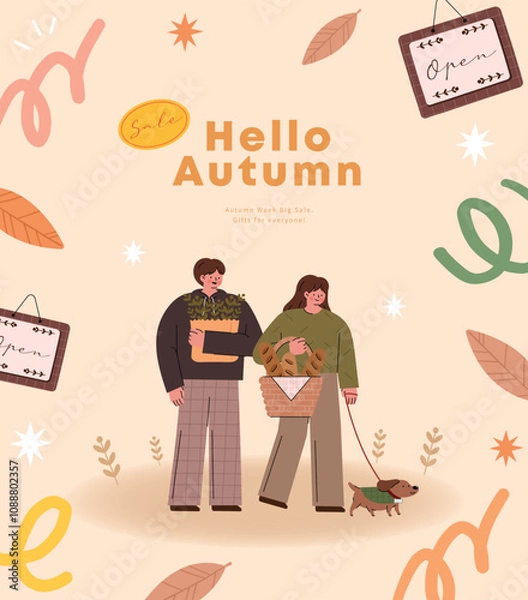 Fototapeta Hello autumn. Vector illustration of a man and a woman with a basket of food.