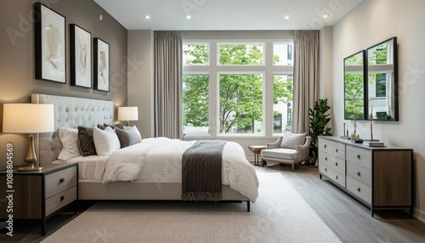 Fototapeta Modern and Elegant Bedroom Interior Design with Large Windows, Cozy Bed, Natural Light, and Stylish Decorations for a Relaxing Atmosphere