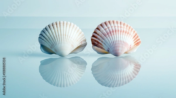Obraz Two seashells reflected on a calm blue surface