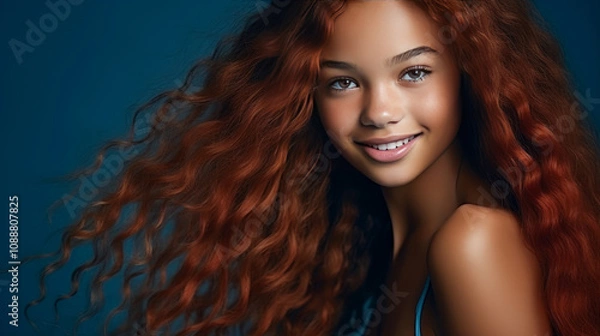 Fototapeta Portrait of smiling African American girl with long red hair blue background banner.