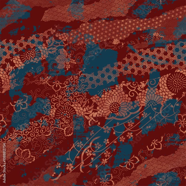 Fototapeta Japanese style traditional  fabric patchwork wallpaper grunge floral vector seamless pattern for shirt fabric wrapping carpet rug tablecloth pillow
