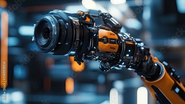Fototapeta Robotic arm with camera in industrial setting.