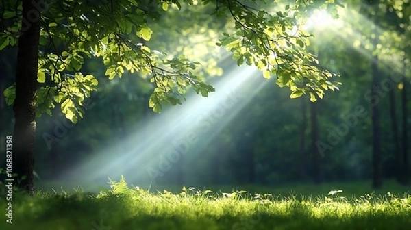 Fototapeta Glowing sunbeams filtering through the lush green canopy of an idyllic forest landscape  Peaceful and serene natural scene with vibrant foliage and atmospheric lighting