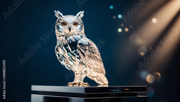 Obraz A graceful crystal owl, majestically perched on a sleek, silver pedestal