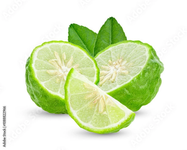 Fototapeta Fresh kaffir lime on white background