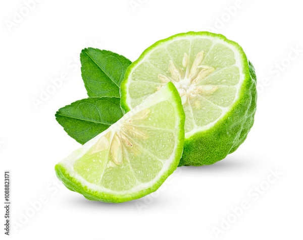 Fototapeta Fresh kaffir lime on white background