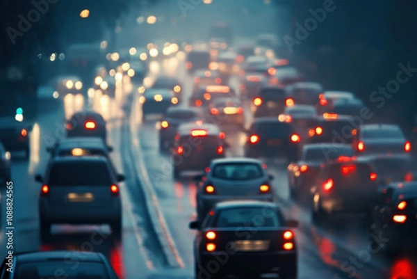 Fototapeta Evening rush hour traffic with blurred headlights and taillights on a rainy urban road, creating a moody, atmospheric scene.