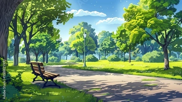 Fototapeta A cartoon style park with a bench and a lamppost.