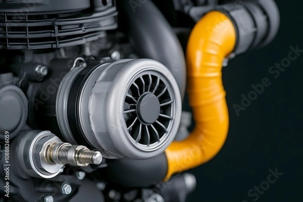 Fototapeta Turbocharger installation concept. A close-up view of a turbocharger with a vibrant orange hose, showcasing intricate details of automotive engineering.