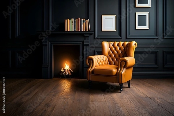 Obraz Vintage Leather Armchair in a Stylish Interior Setting Beside a Cozy Fireplace, Showcasing Elegant Design with Warm Color Tones and Classic Elements