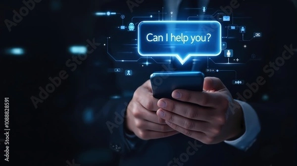 Fototapeta Businessman holding smartphone, holographic "Can I help you?" text floating above device, futuristic interface