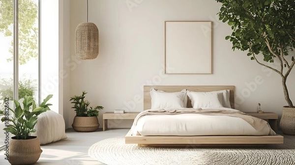 Fototapeta Beautiful Colored Mockup Bedroom Interior Blank Poster Decoration Art Background Image, generative AI