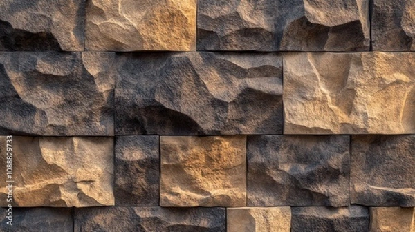 Fototapeta textured rock wall pattern with chunky, block-like stones in shades of rich dark brown and light tan, arranged in a rough yet structured .