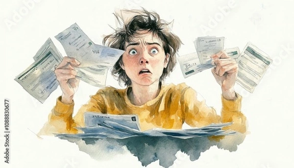 Obraz A worried person surrounded by bills, conveying stress and financial anxiety.