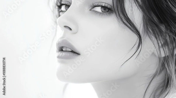 Fototapeta Close-up monochrome portrait of a young woman's face, showcasing her soft features and subtle makeup.