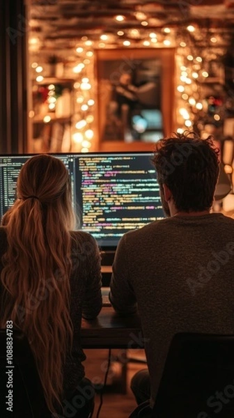 Fototapeta A male and female coder collaborate intensely over a computer, demonstrating the essence of teamwork and innovative problem-solving in a creative workspace setting.