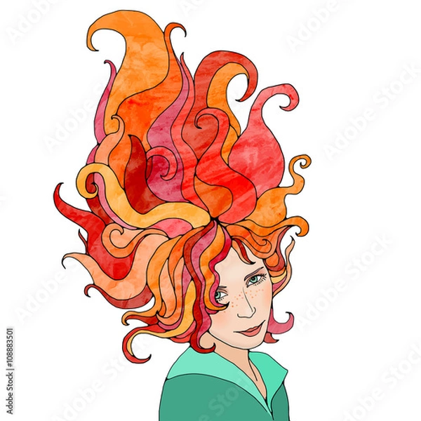 Obraz Portrait of young beautiful girl with long red hair. Wearing red dress. Vector illustration on dark textured watercolor background.