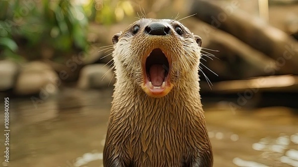 Fototapeta An astonished otter stands with its mouth agape.