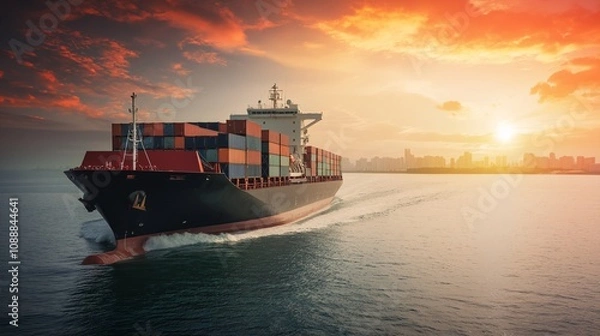 Fototapeta Majestic Cargo Ship Sailing at Sunset, Captured in a Serene Ocean Scene with Vibrant Sky and Calm Waters Highlighting Global Trade Activities