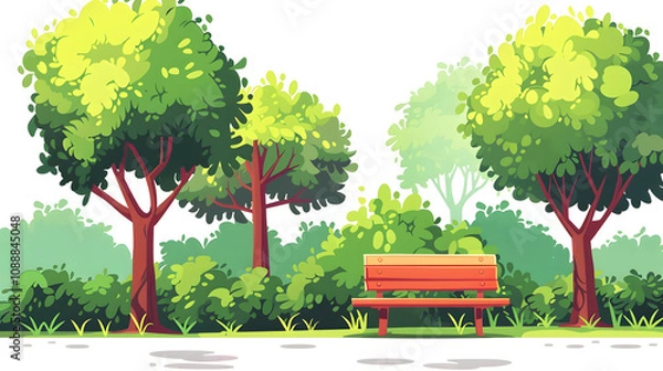 Obraz background of beautiful summer park with trees, bushes and cozy bench. good place vector illustration with a white accent, vintage, png