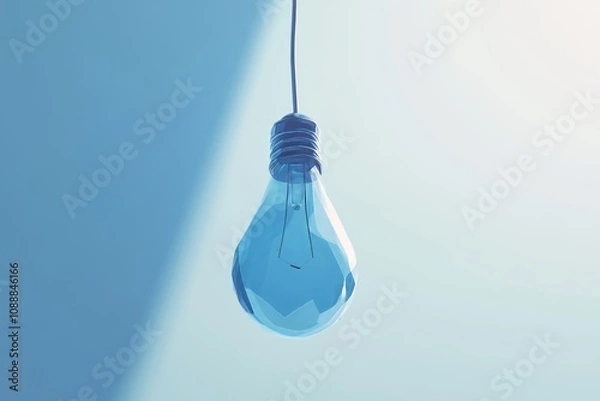 Fototapeta Minimalist blue light bulb hanging from a string in isometric cartoon style with solid background