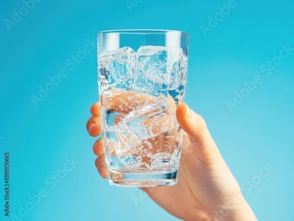 Fototapeta Hand holding a glass of ice water, symbolizing refreshment and hydration.
