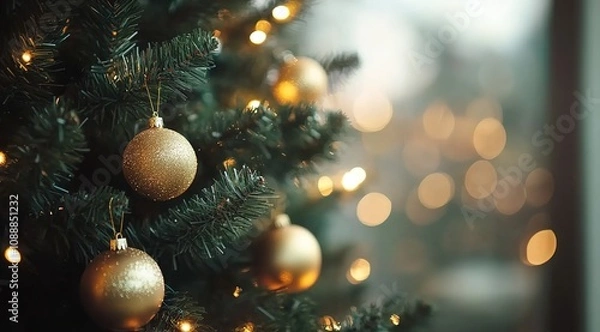 Fototapeta Close-up of a Christmas tree with golden ornaments, blurred background with bokeh lights