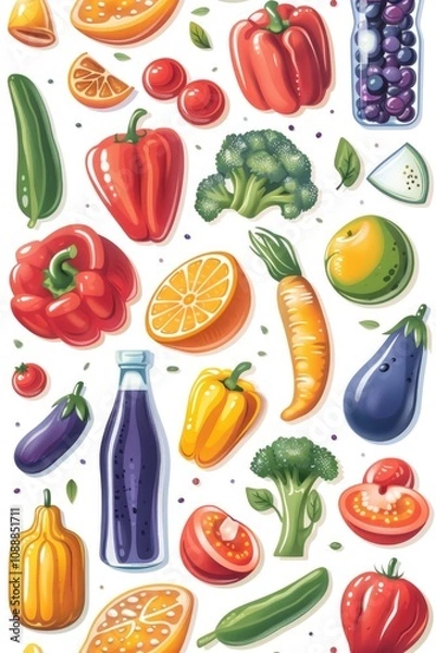 Fototapeta Colorful fruits and vegetables with soda bottle, on white background.