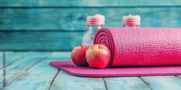 Fototapeta Yoga mat with water bottles and apples, emphasizing health and wellness practices.