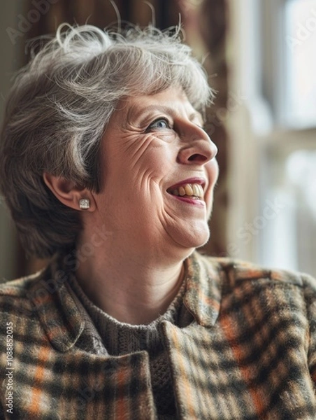 Fototapeta Theresa May, former British PM smiling during an interview or meeting.