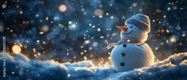Fototapeta Frosty snowman standing against the chill of the winter air, snow gently falling from a dark, cold sky