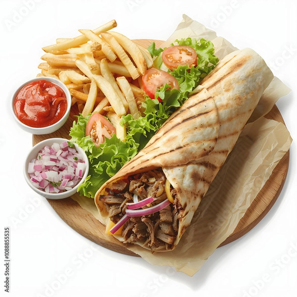 Fototapeta delicious shawarma complete with fries, meat served on wooden table with a white accent, minimalism, png