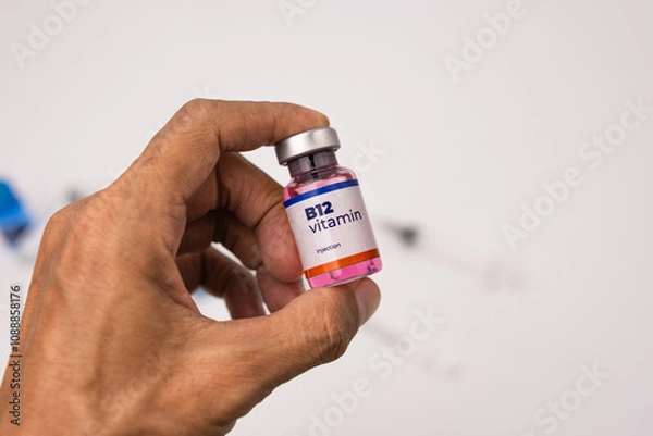 Obraz doctor's hand holds a bottle b12 vitamin injection. health and medical concepts