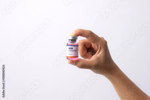 Obraz a hand holds a bottle of b12 vitamins in her clinic room. medical concepts