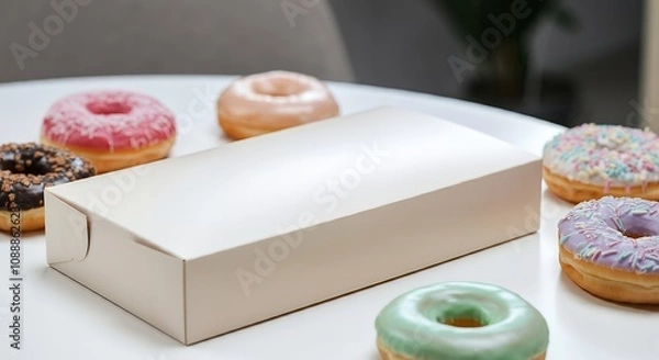 Obraz A blank donut box packaging mock-up, surrounded by colorful donuts on a café table 3d illustration template image.