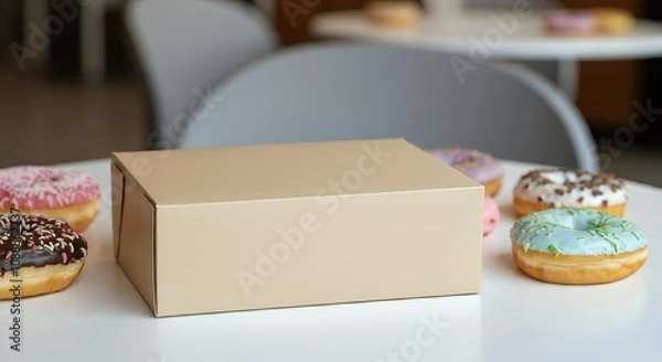 Obraz A blank donut box packaging mock-up, surrounded by colorful donuts on a café table 3d illustration template image.