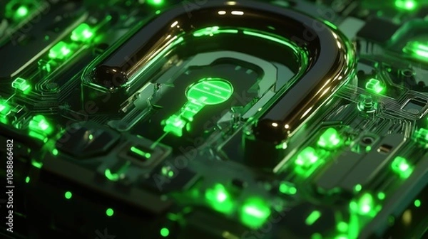 Fototapeta A digital padlock with bright green glowing circuits, symbolizing secure connections and cutting-edge technology, ideal for visuals related to privacy, encryption, and future security solutions