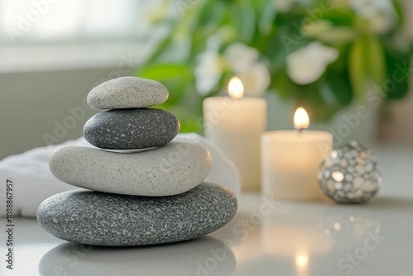 Fototapeta Spa product display featuring stones, candles, towel, and ceramic stand in blurred bathroom setting
