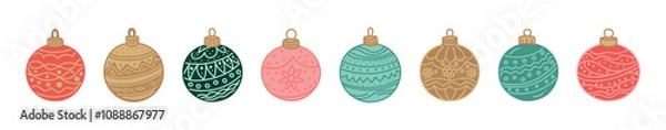 Fototapeta Set of various colorful Christmas ornaments with intricate patterns and designs on a white background. Concept of holiday decorations, baubles, festive design, Christmas balls, and craft templates