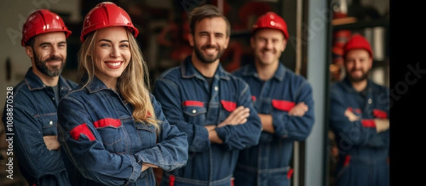 Fototapeta A group of workers wearing blue and red safety gear are smiling for the camera