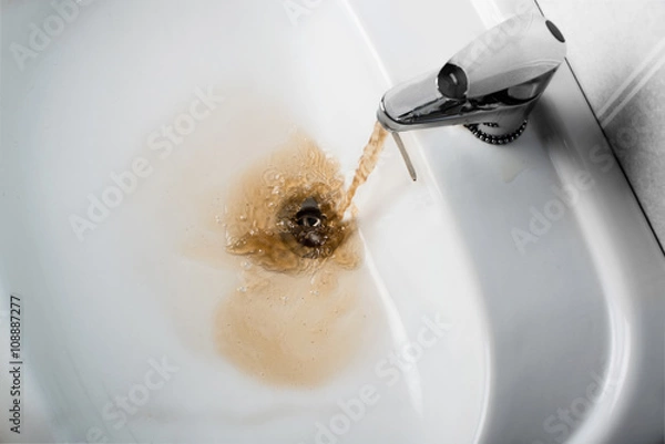 Obraz Brudna brązowa woda wpadająca do zlewu